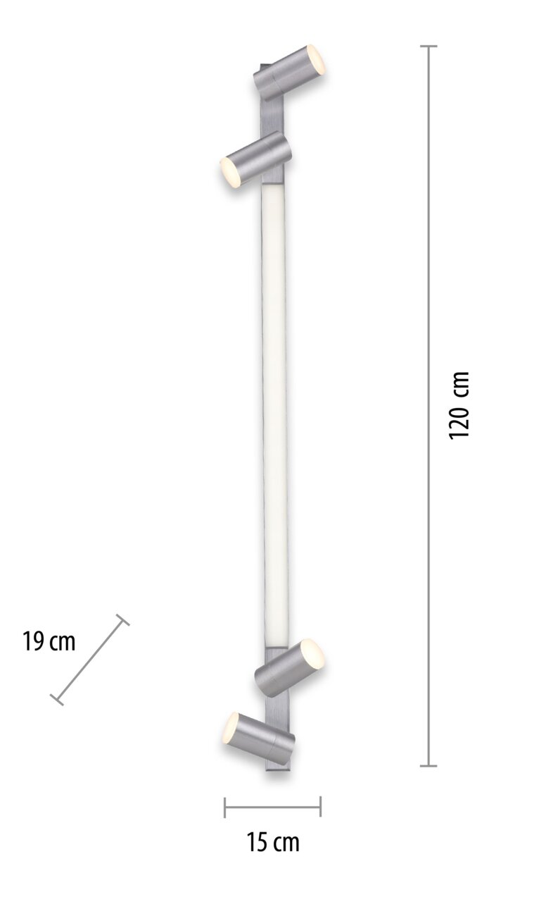 Moderne Deckenleuchte PURE-LINES von Paul Neuhaus in silberner Farbe, vertikal ausgerichtet mit vier zylinderförmigen Strahlern, Maße 120 cm x 15 cm x 19 cm.