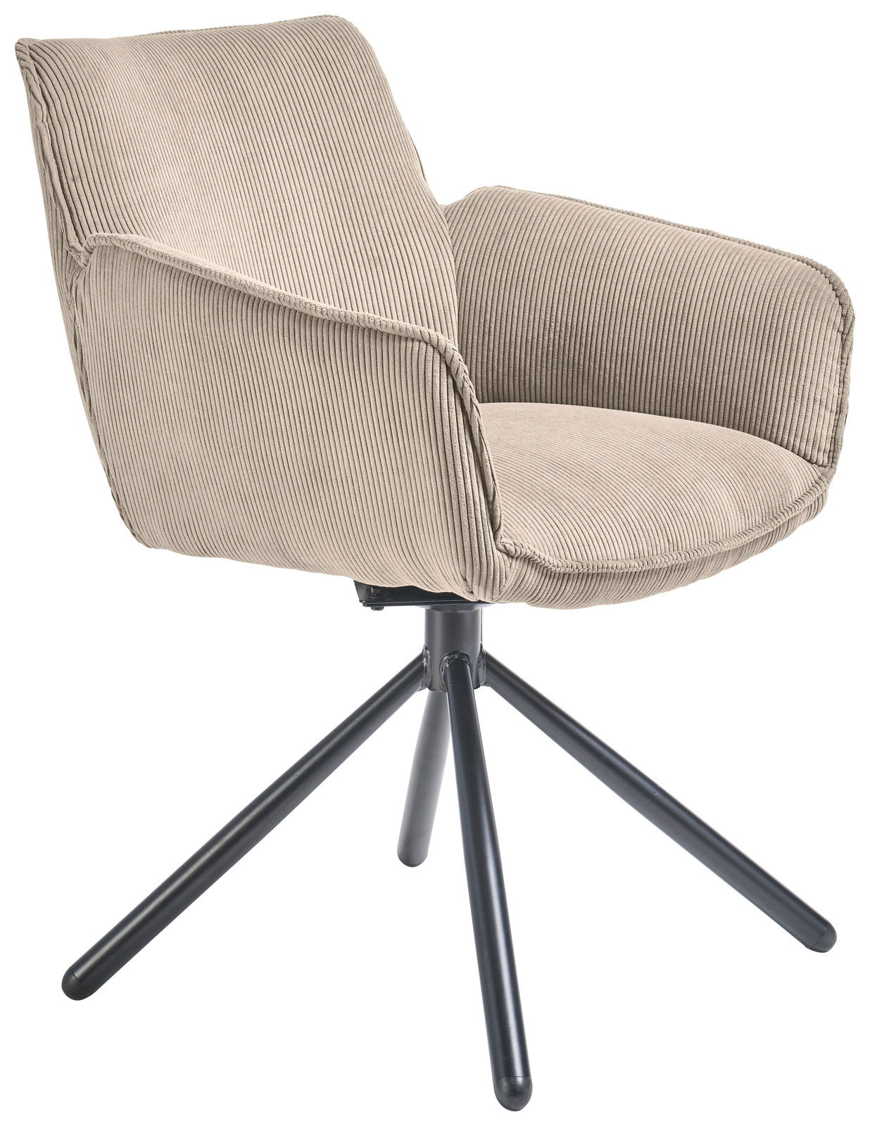 Beiger Armlehnstuhl mit schwarzem Metallgestell, seitliche Perspektive