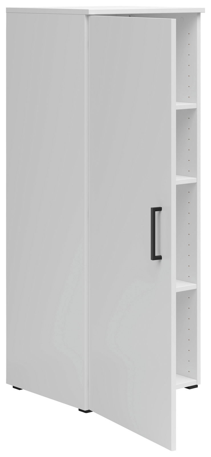 Weiße Kommode mit schwarzem Griff, teilweise geöffnete Tür, seitliche Perspektive