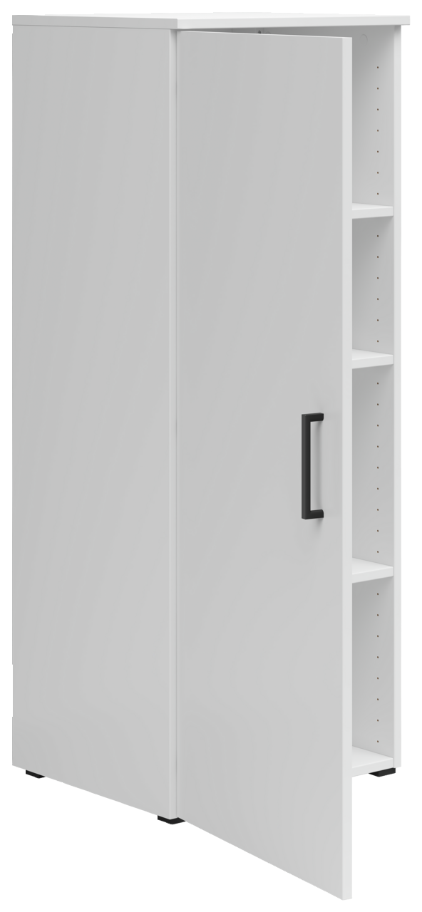 Weiße Kommode mit schwarzem Griff, teilweise geöffnete Tür, seitliche Perspektive