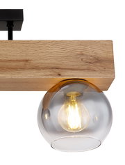 Deckenleuchte mit Holzhalterung und Glaskugel, seitliche Perspektive