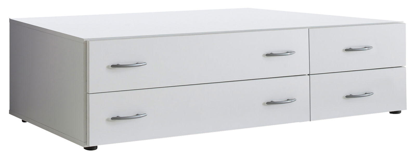 Weißer Schubkastenuntersatz mit vier Schubladen und silbernen Griffen, seitliche Perspektive