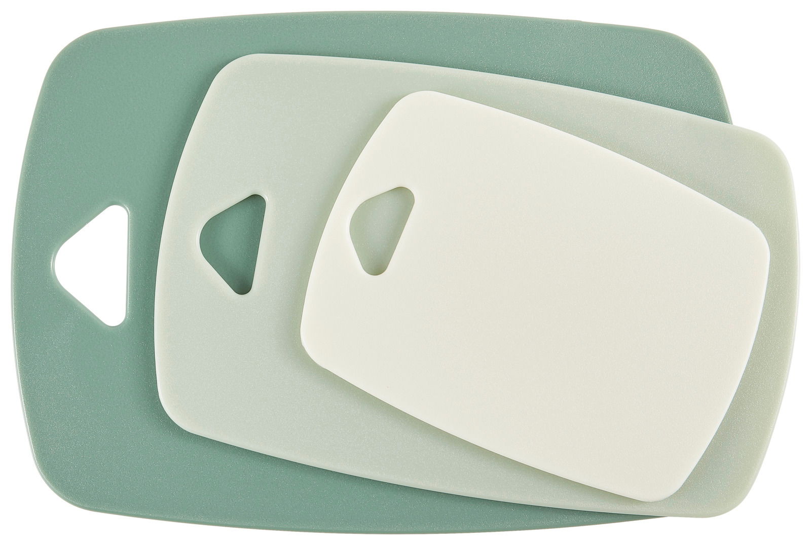 Homeware Schneidebrett 3-tlg. Dreiteiliges Schneidebrett-Set in verschiedenen Grüntönen, von oben betrachtet.
