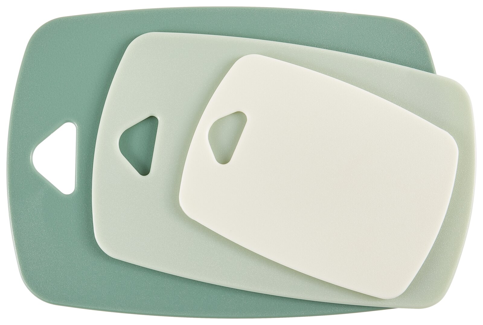 Homeware Schneidebrett 3-tlg. Dreiteiliges Schneidebrett-Set in verschiedenen Grüntönen, von oben betrachtet.