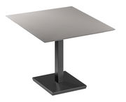 Moderner quadratischer Esstisch aus Metall mit zentralem Standfuß, seitliche Perspektive