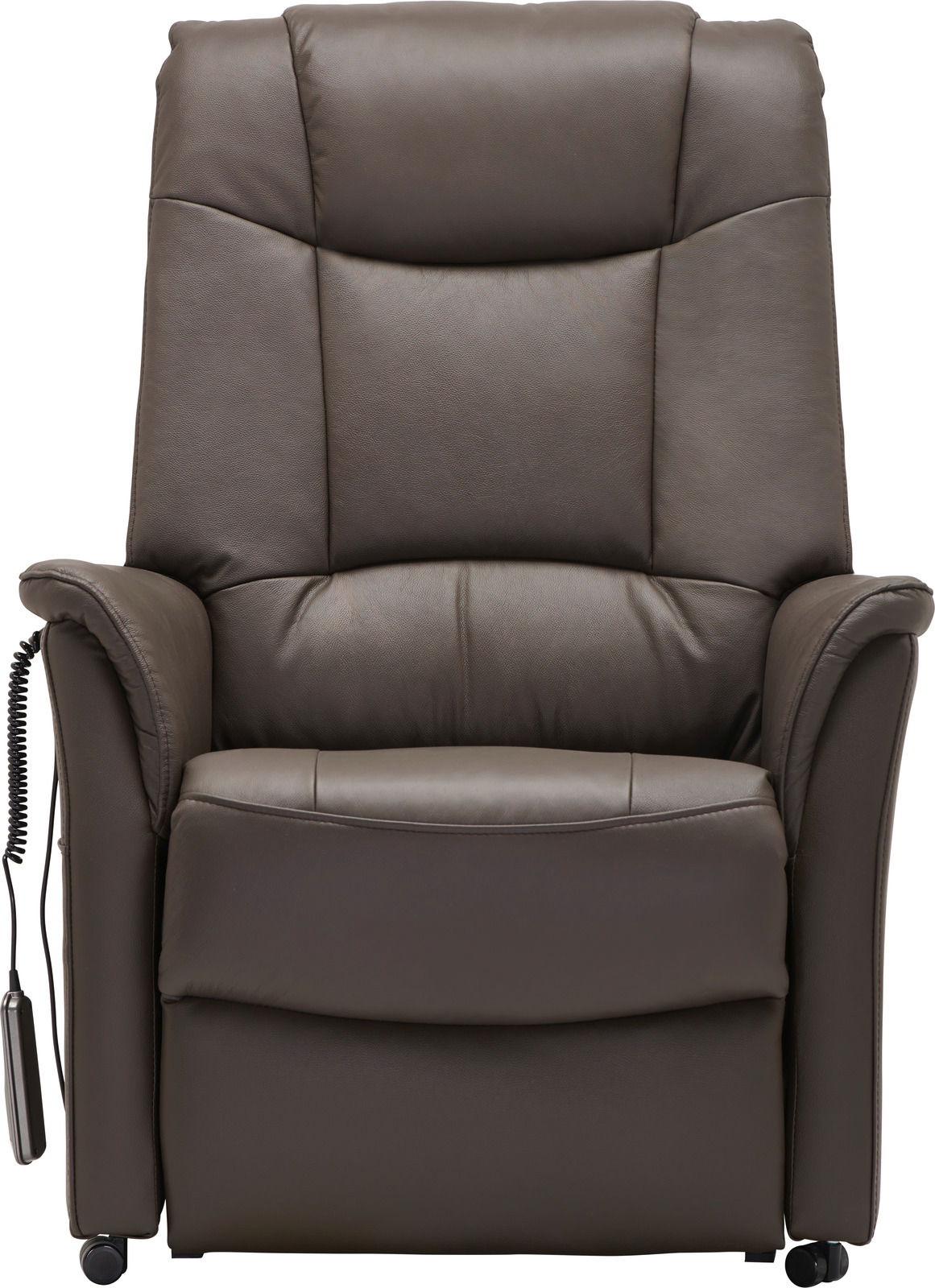 Frontansicht eines braunen Fernsehsessels mit gepolsterten Armlehnen und integrierter Fernbedienung.