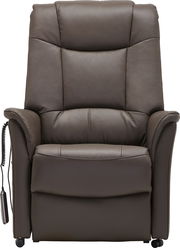 Frontansicht eines braunen Fernsehsessels mit gepolsterten Armlehnen und integrierter Fernbedienung.