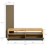 Frontale Ansicht eines Lowboards mit Paneel, Holzoptik mit schwarzen Akzenten, Maße: 160 cm Breite, 50 cm Höhe, 45 cm Tiefe.