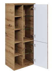 Midischrank aus Holz mit offenen und geschlossenen Fächern, Perspektive von vorne rechts