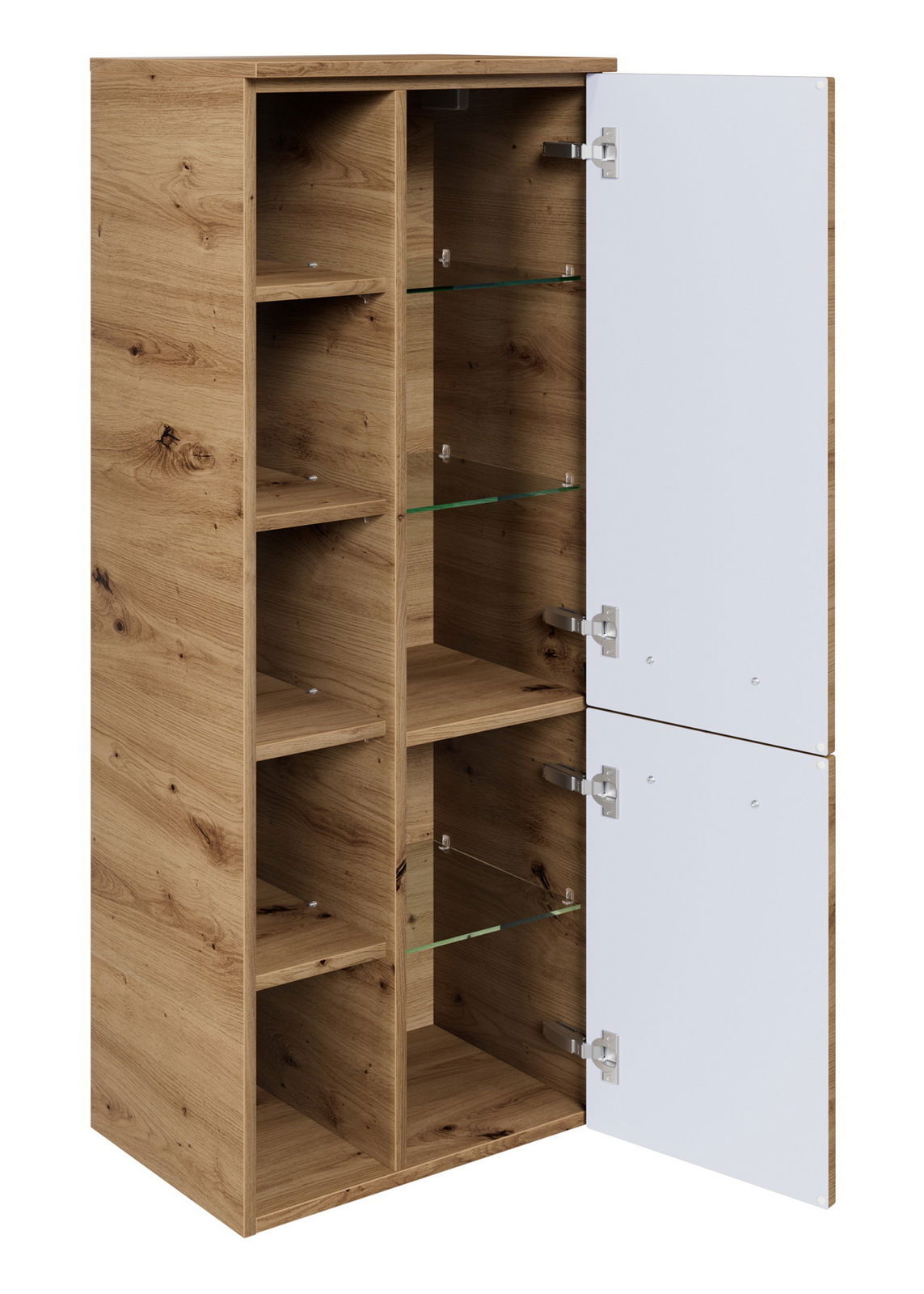 Midischrank aus Holz mit offenen und geschlossenen Fächern, Perspektive von vorne rechts