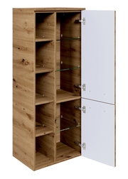 Midischrank aus Holz mit offenen und geschlossenen Fächern, Perspektive von vorne rechts