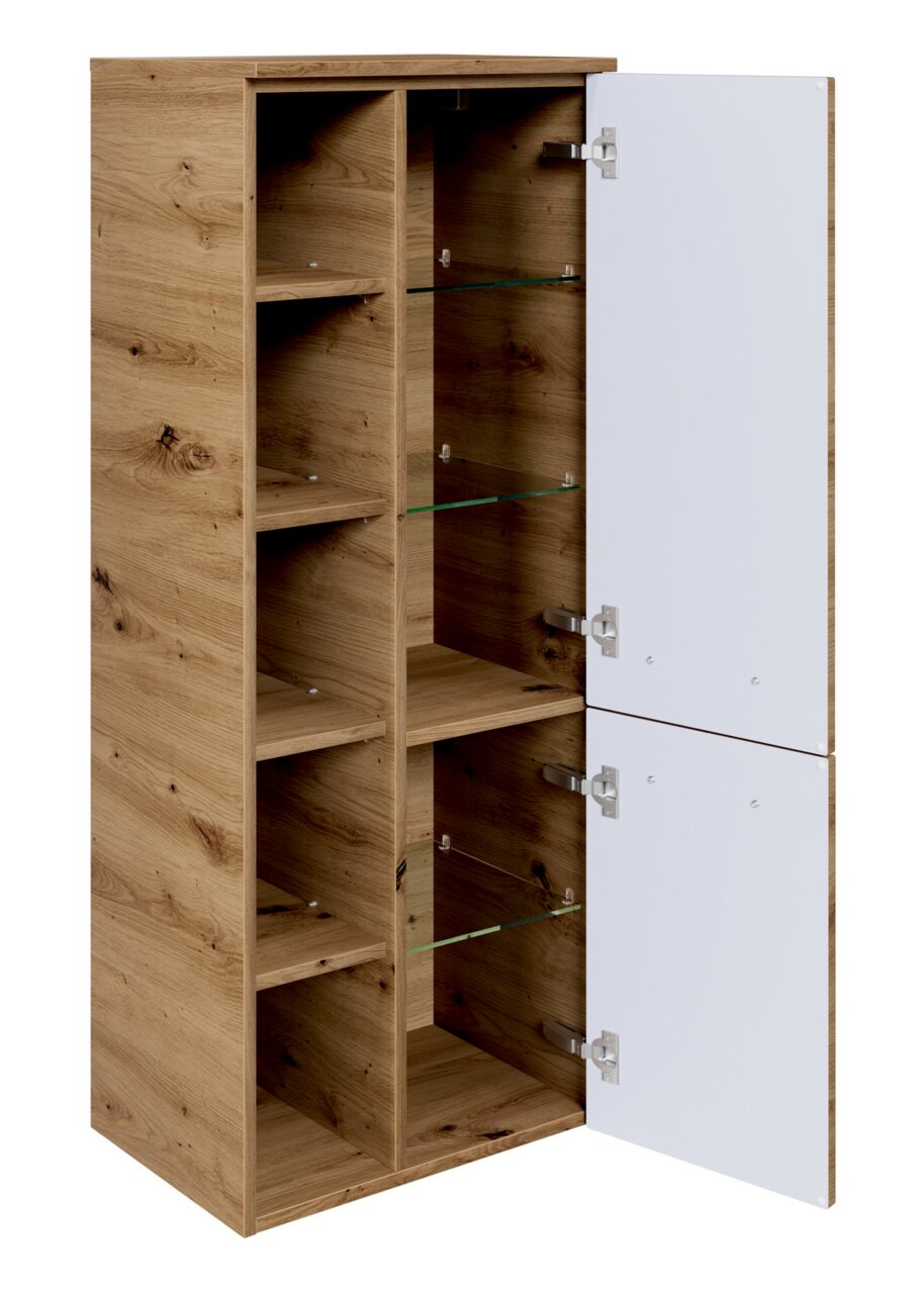Midischrank aus Holz mit offenen und geschlossenen Fächern, Perspektive von vorne rechts