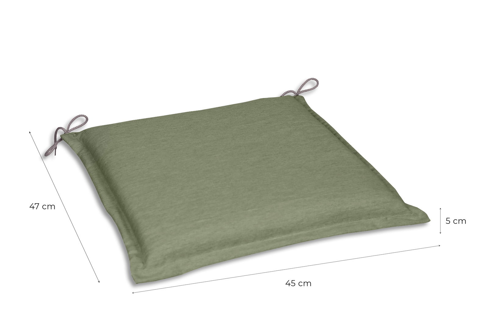 Grüne Sitzauflage mit den Maßen 47 cm x 45 cm x 5 cm, schräg von oben fotografiert, mit zwei Befestigungsschlaufen an den Ecken.