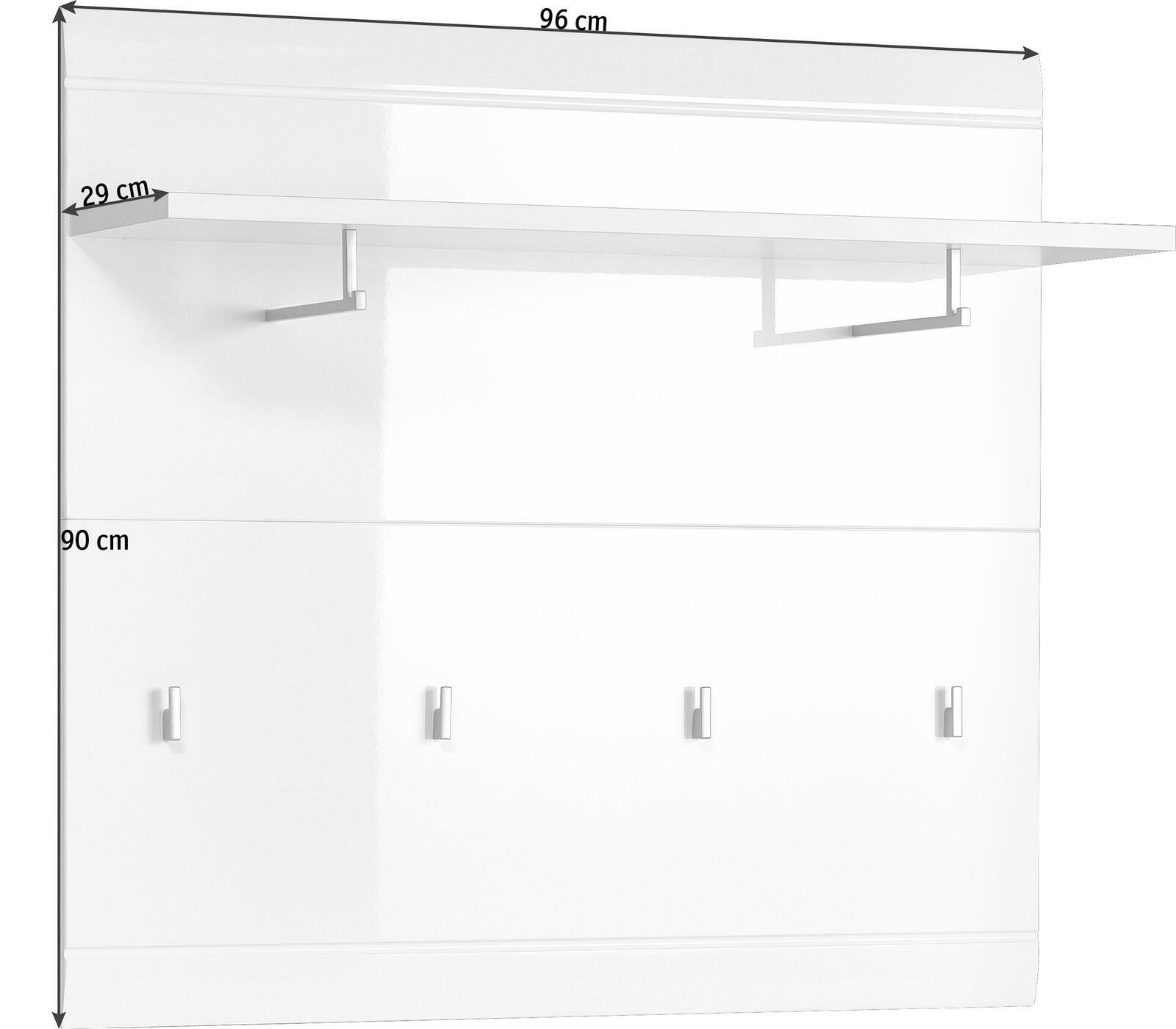 Weißes Garderobenpaneel mit Ablage und Haken, frontale Ansicht, Maße 96 cm x 90 cm x 29 cm