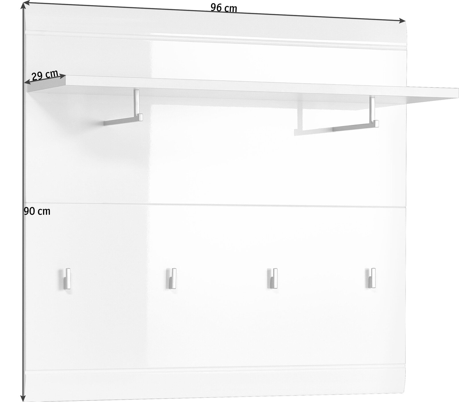 Weißes Garderobenpaneel mit Ablage und Haken, frontale Ansicht, Maße 96 cm x 90 cm x 29 cm