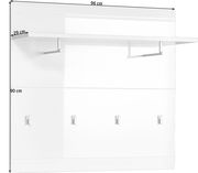 Weißes Garderobenpaneel mit Ablage und Haken, frontale Ansicht, Maße 96 cm x 90 cm x 29 cm
