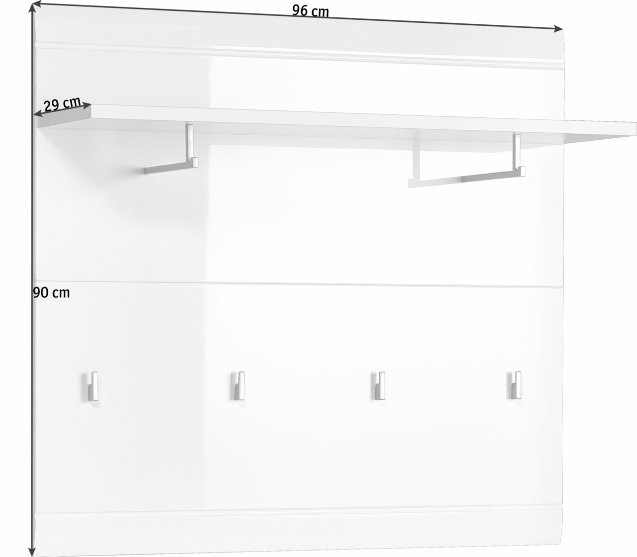 Weißes Garderobenpaneel mit Ablage und Haken, frontale Ansicht, Maße 96 cm x 90 cm x 29 cm