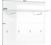 Weißes Garderobenpaneel mit Ablage und Haken, frontale Ansicht, Maße 96 cm x 90 cm x 29 cm