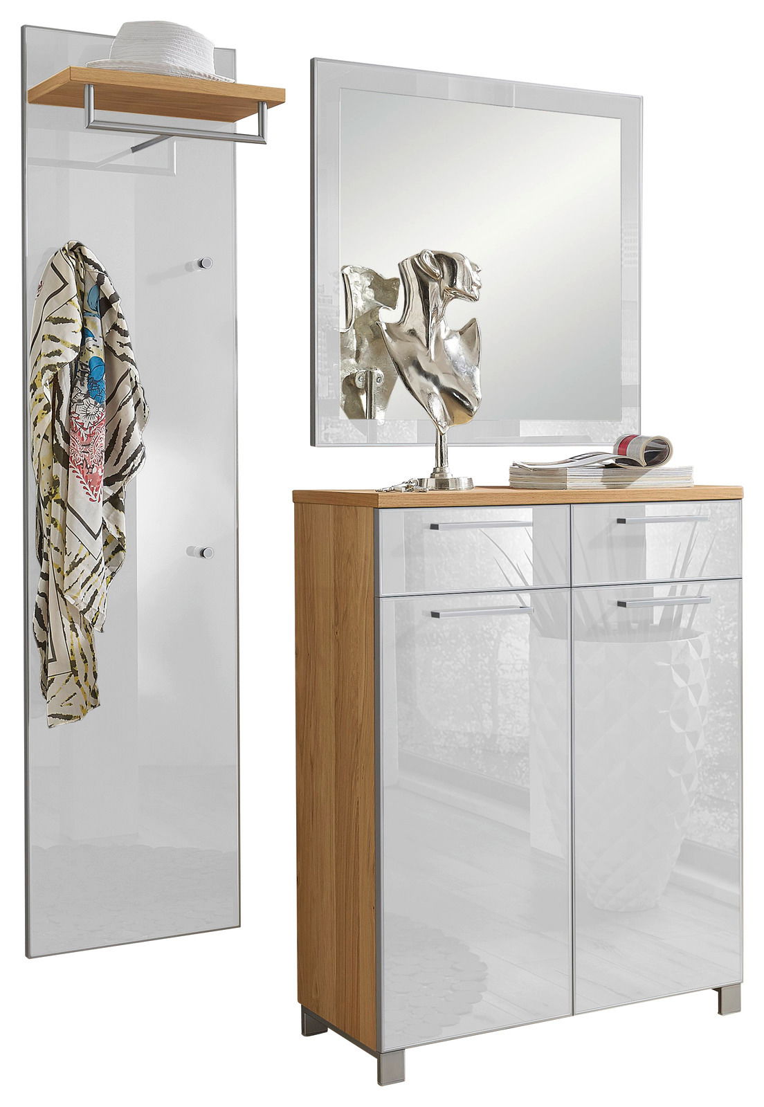 VOSS Garderoben-Set 3-tlg. SANTINA Garderoben-Set 3-tlg. in moderner Perspektive, bestehend aus einem Spiegel, einer Garderobenleiste mit Hutablage und einem Schrank mit Hochglanzfronten.