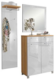 Garderoben-Set 3-tlg. in moderner Perspektive, bestehend aus einem Spiegel, einer Garderobenleiste mit Hutablage und einem Schrank mit Hochglanzfronten.