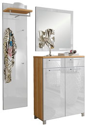 Garderoben-Set 3-tlg. in moderner Perspektive, bestehend aus einem Spiegel, einer Garderobenleiste mit Hutablage und einem Schrank mit Hochglanzfronten.