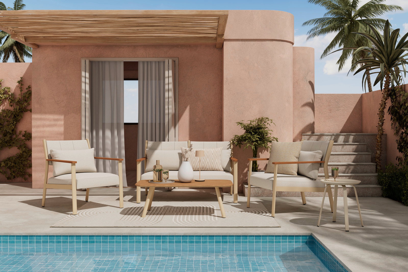 Gartenlounge-Set mit zwei Sesseln, einem Sofa und einem Tisch, auf einer Terrasse mit Pool, aus der Perspektive von vorne.