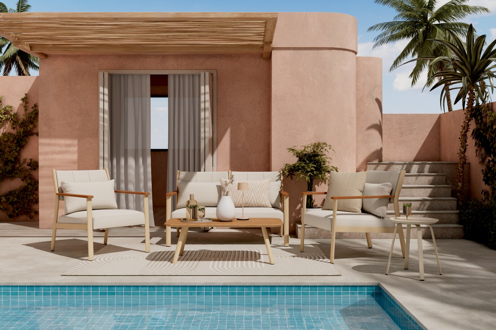 Ambia Garden Gartenlounge-Set CATANIA Gartenlounge-Set mit zwei Sesseln, einem Sofa und einem Tisch, auf einer Terrasse mit Pool, aus der Perspektive von vorne.