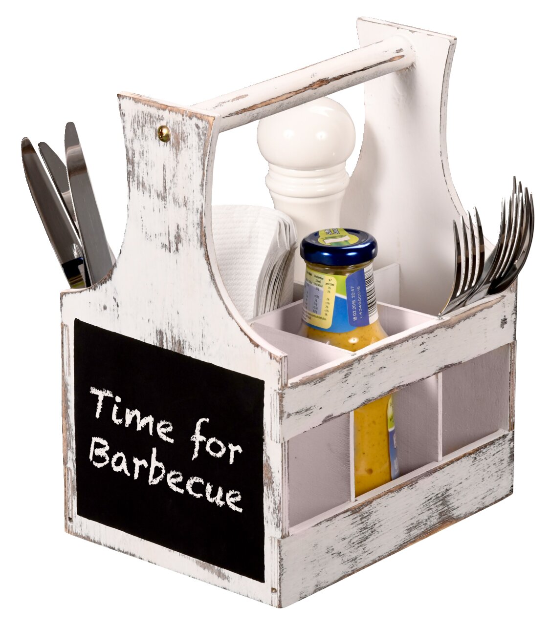 Weißer, rustikaler Soßen- und Besteckträger mit der Aufschrift 'Time for Barbecue', gefüllt mit Besteck, Servietten und einer Soßenflasche, aus seitlicher Perspektive.