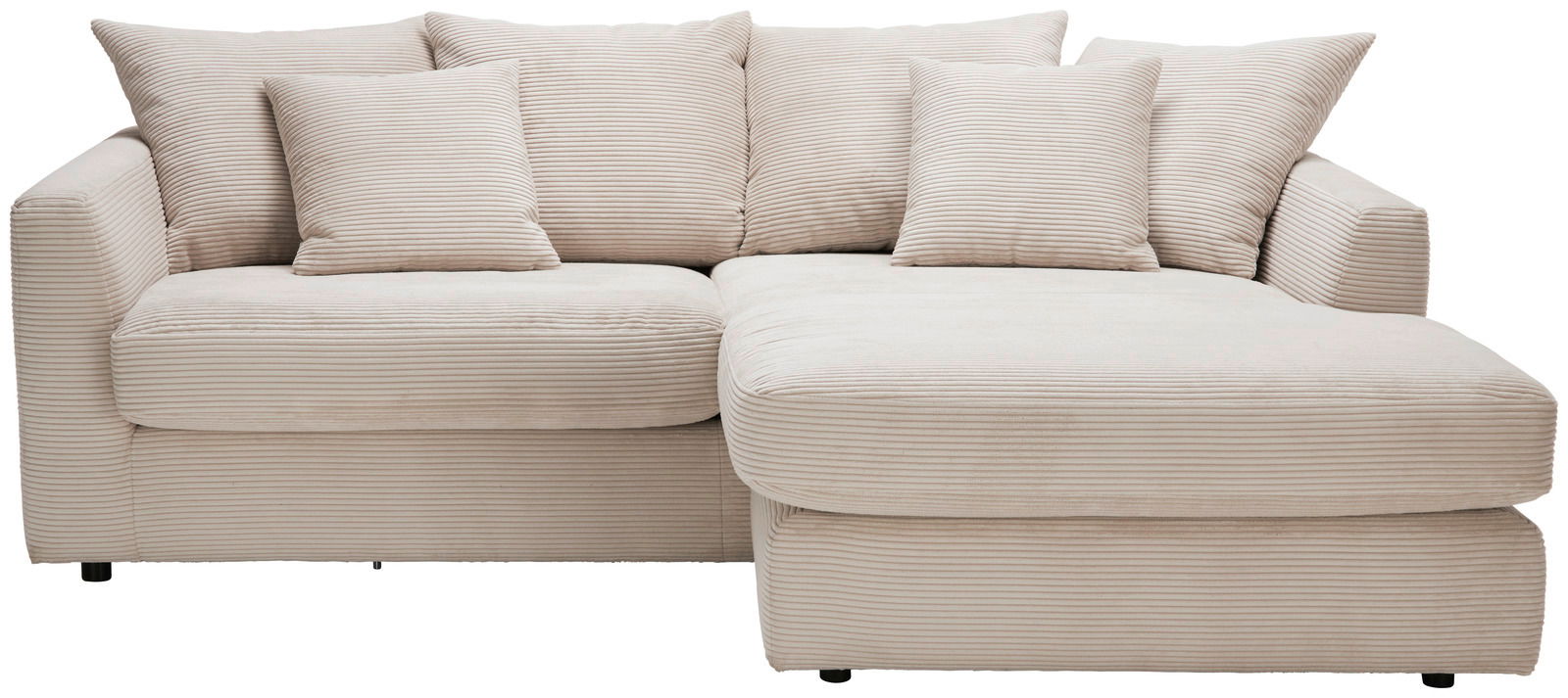 Beige Ecksofa mit mehreren Kissen, Vorderansicht