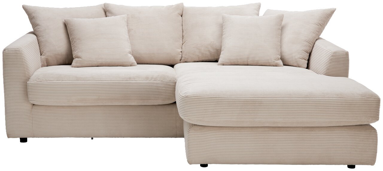 Beige Ecksofa mit mehreren Kissen, Vorderansicht