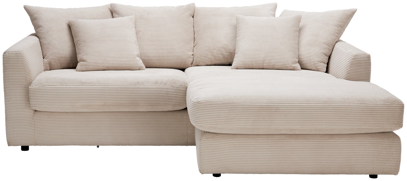 Beige Ecksofa mit mehreren Kissen, Vorderansicht