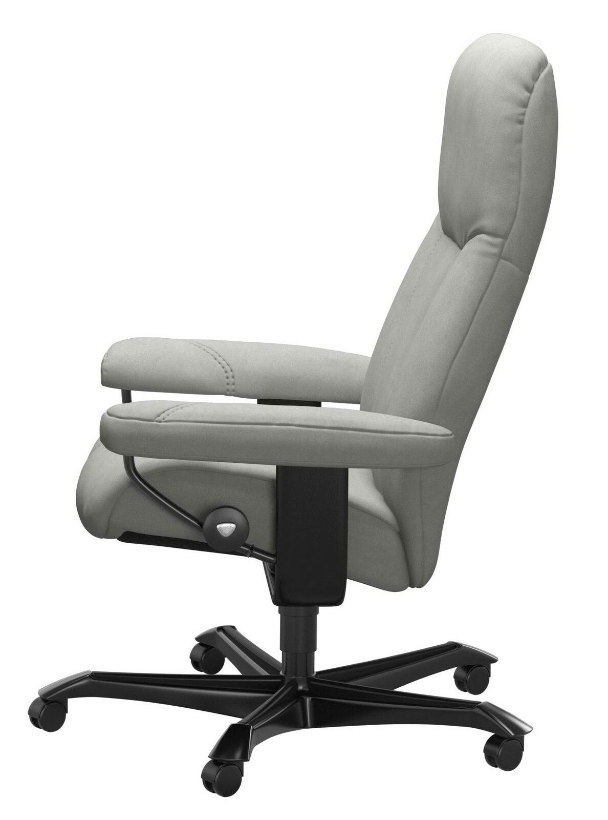 Moderner Chefsessel in Seitenansicht mit gepolstertem Sitz und Rückenlehne, verstellbaren Armlehnen und stabiler Basis auf Rollen.