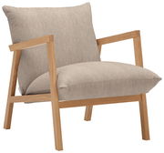 Moderner Sessel mit hellgrauem Stoffbezug und Holzrahmen, seitliche Perspektive