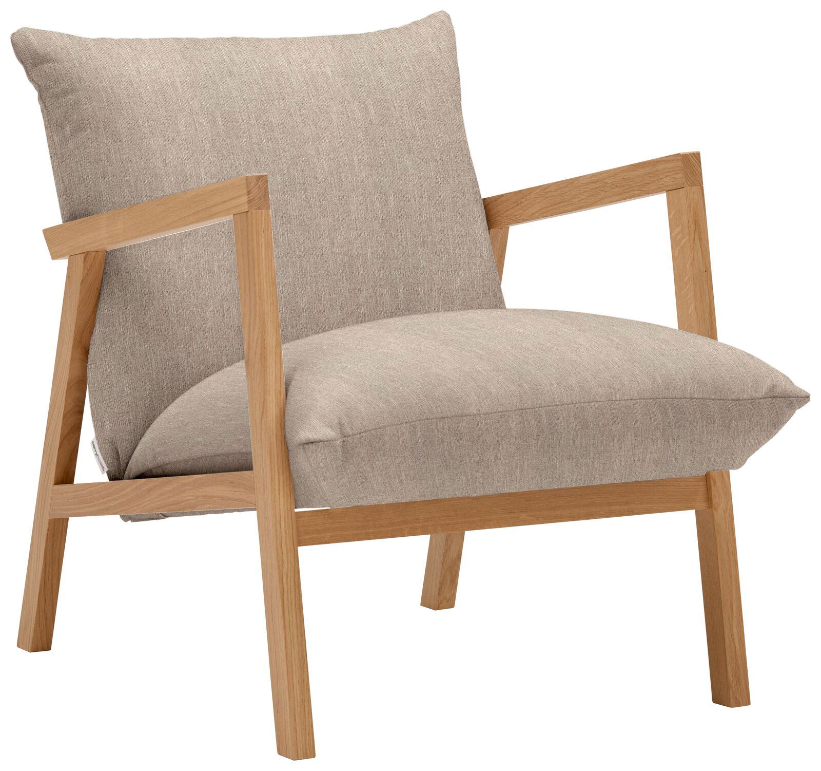 Moderner Sessel mit hellgrauem Stoffbezug und Holzrahmen, seitliche Perspektive