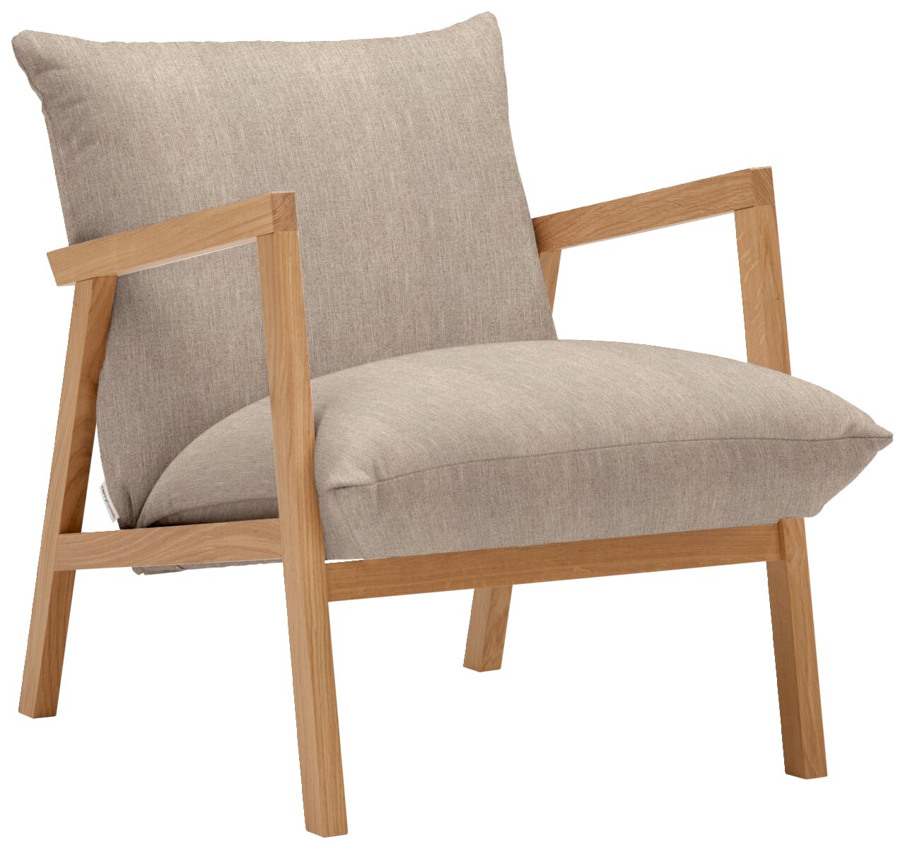 Moderner Sessel mit hellgrauem Stoffbezug und Holzrahmen, seitliche Perspektive