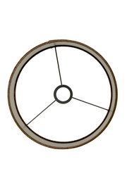 Ansicht von oben auf einen runden Lampenschirm mit Metallstreben und einem zentralen Ring.