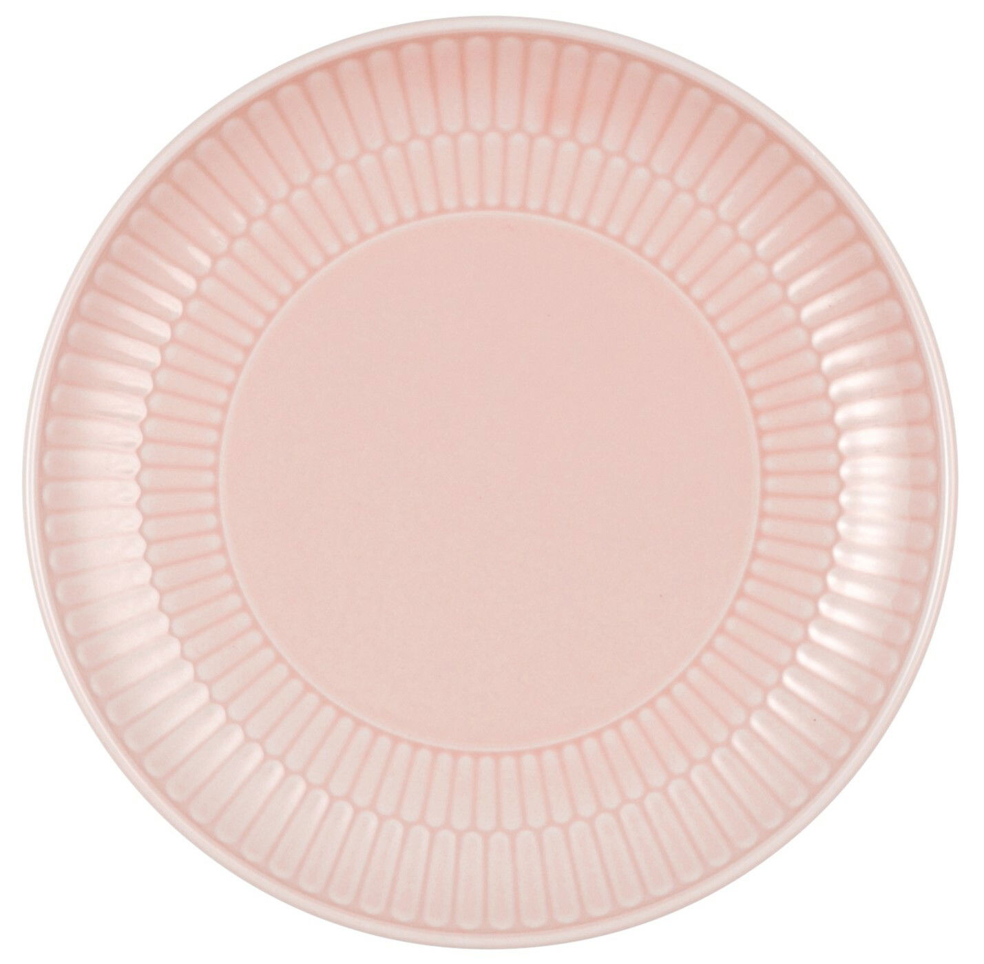 Runder Brotteller in zartem Rosa mit geriffeltem Rand, Draufsicht
