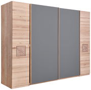 Schwebetürenschrank aus Holz mit grauen Schiebetüren, seitliche Perspektive