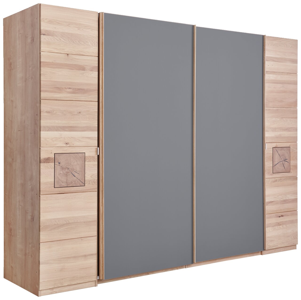 Schwebetürenschrank aus Holz mit grauen Schiebetüren, seitliche Perspektive