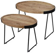 Zweier-Set von Beistelltischen aus Holz mit schwarzem Metallgestell, seitliche Perspektive