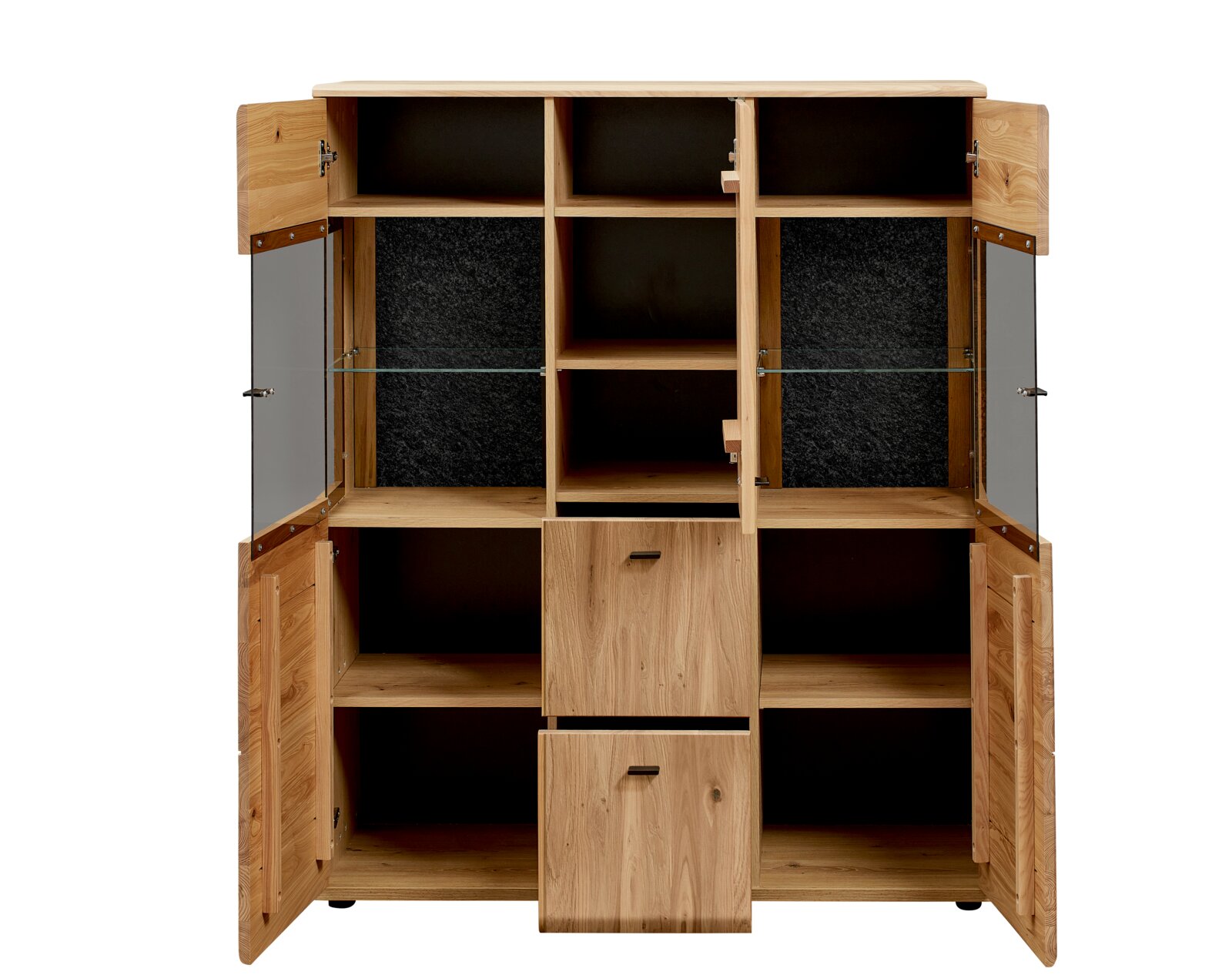 Open houten opbergkast/dressoir met vier openstaande deuren, glazen legplanken en twee uittrekbare lades, frontaal aanzicht op witte achtergrond