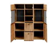Open houten opbergkast/dressoir met vier openstaande deuren, glazen legplanken en twee uittrekbare lades, frontaal aanzicht op witte achtergrond