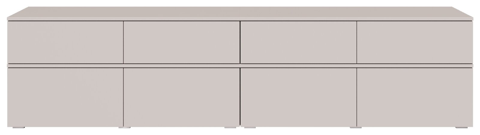Modernes, hellgraues Sideboard/Lowboard mit glatten Fronten und mehreren Schubladen bzw. Klappen, frontale Ansicht auf weißem Hintergrund