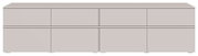 Modernes, hellgraues Sideboard/Lowboard mit glatten Fronten und mehreren Schubladen bzw. Klappen, frontale Ansicht auf weißem Hintergrund