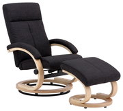 Schwarzer Relaxsessel mit passendem Hocker, seitliche Perspektive, Holzgestell und gepolsterte Armlehnen.