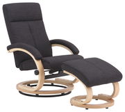 Schwarzer Relaxsessel mit passendem Hocker, seitliche Perspektive, Holzgestell und gepolsterte Armlehnen.