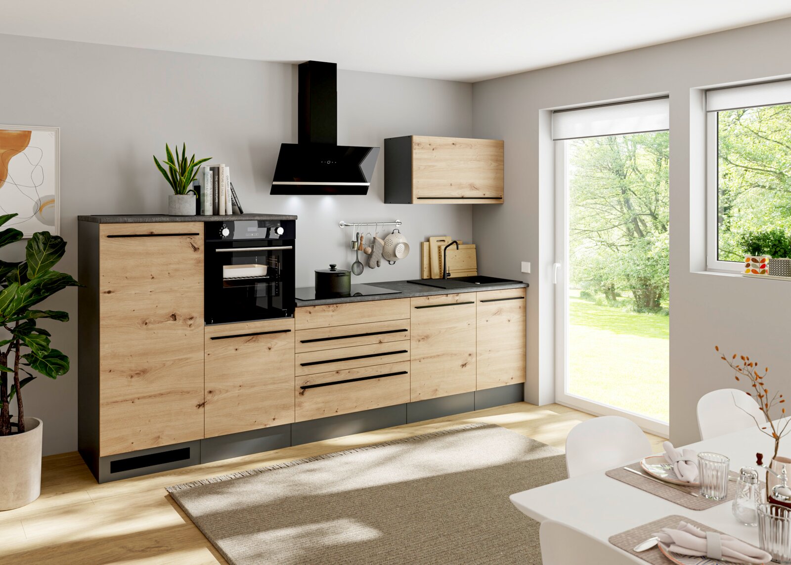 Yourkitchen Küchenblock 320 PREMIUM JAZZ Moderne Küchenzeile mit hellen Holzfronten und schwarzen Griffleisten, dunkler Arbeitsplatte, integriertem Backofen und Kochfeld sowie schwarzer Wandhaube; Perspektive: frontale Ansicht leicht von links.