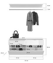 Garderobenkombination in Frontalansicht mit Hängestange für Kleidung und Schuhschrank mit mehreren Fächern, ideal zur Aufbewahrung von Jacken, Mänteln und Schuhen.