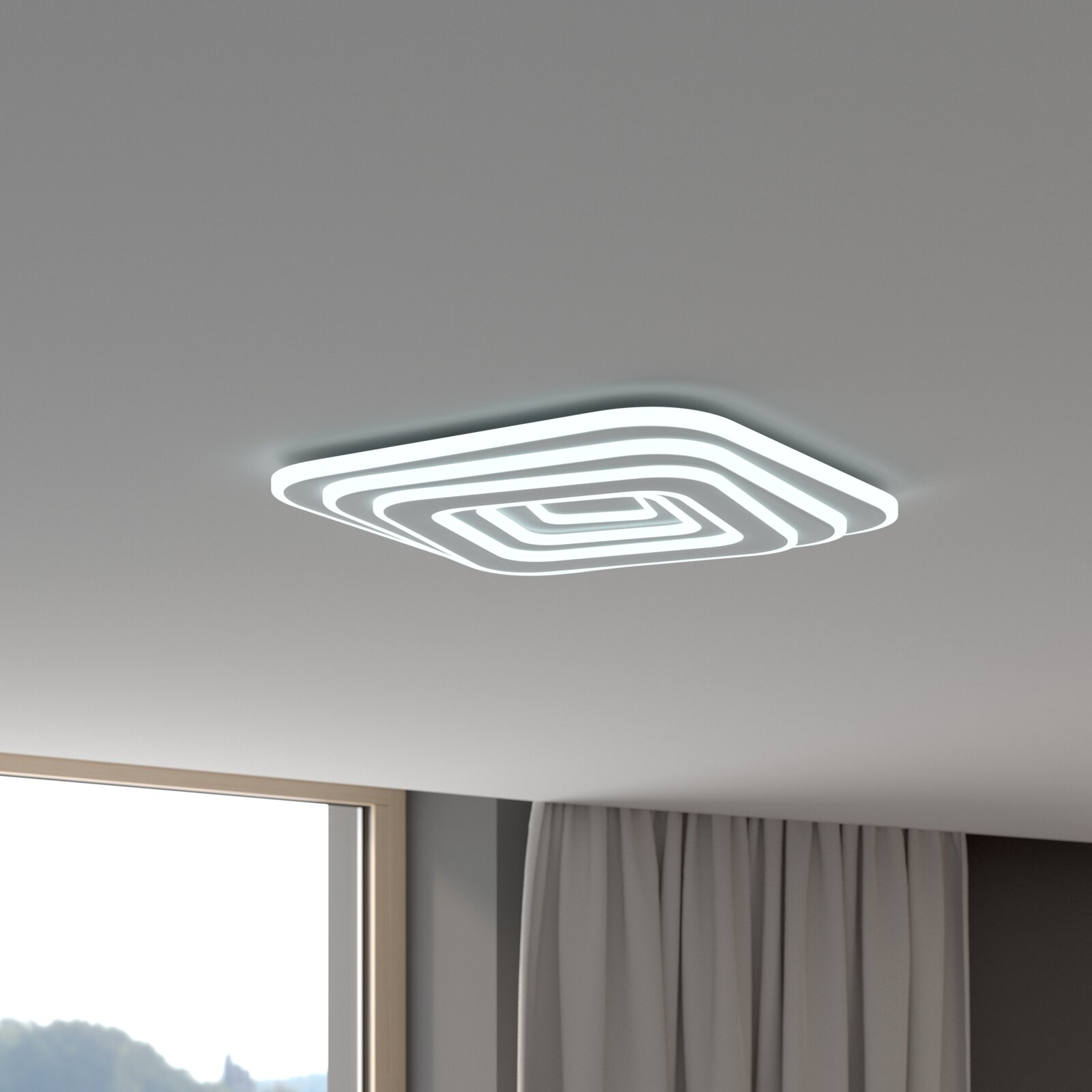 Novel LED-Deckenleuchte EDINBURGH DECKENLEUCHTE Moderne quadratische LED-Deckenleuchte mit konzentrischen, abgerundeten Lichtlinien in Weiß, eingeschaltet, an der Zimmerdecke montiert; Perspektive: leicht von unten schräg aufgenommen.