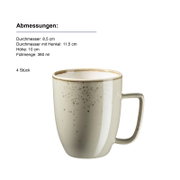 Gesprenkelter Keramik-Kaffeebecher in Cremeweiß mit braunem Rand und eckigem Henkel, freigestellt vor weißem Hintergrund, perspektivisch in leicht seitlicher Vorderansicht.